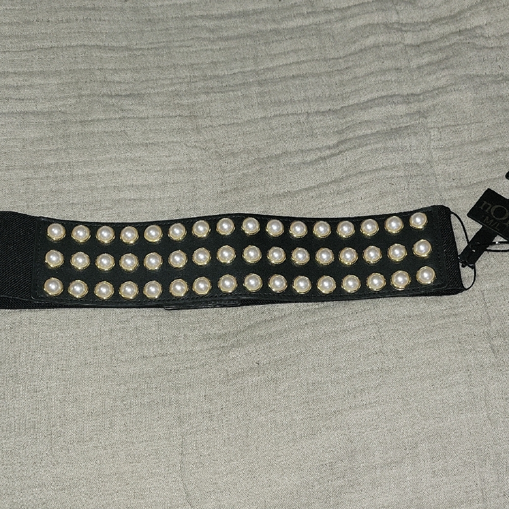 Noir Black Pearl-Studded Belt Stretch M/L